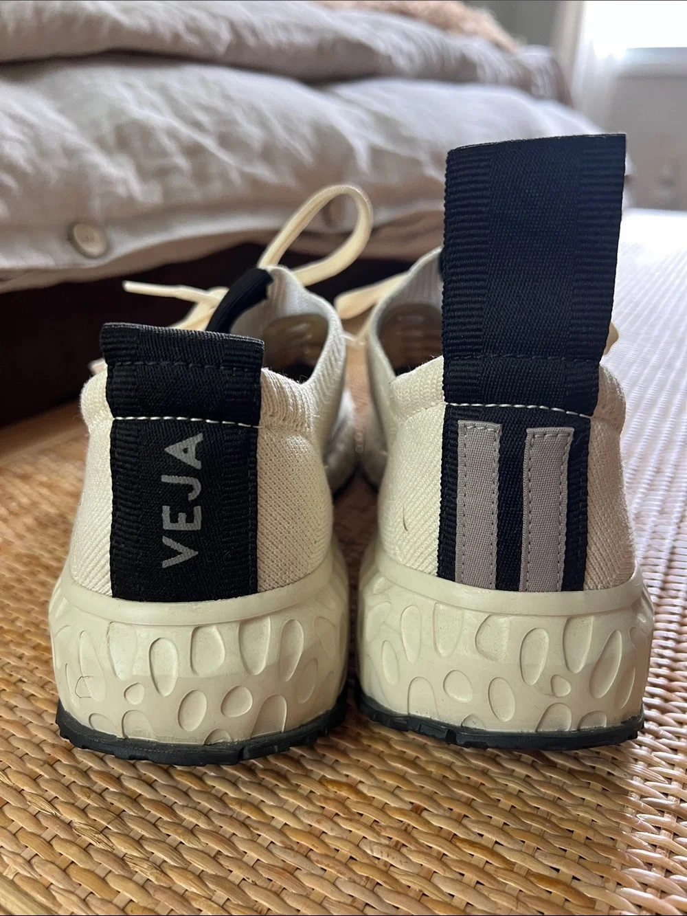 Veja x Rick Owen’s Collab Cream Knit Sneakers with Black V Accent